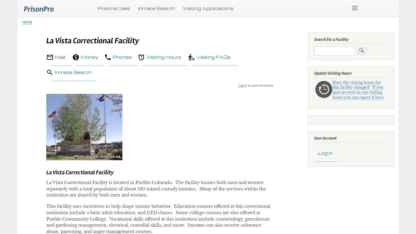 La Vista Correctional Facility Visiting hours, inmate phones, mail